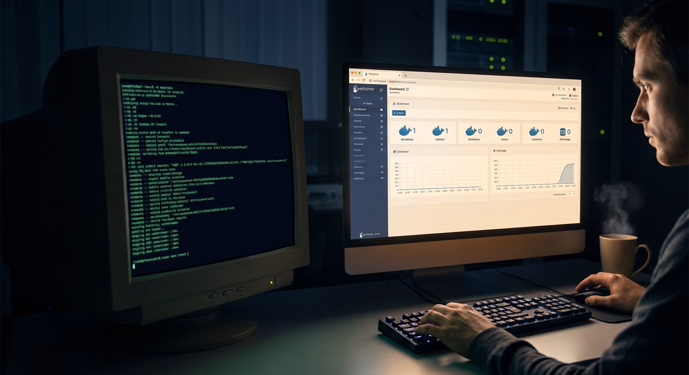 Portainer 대시보드 화면과 Docker 로고가 어우러진 일러스트