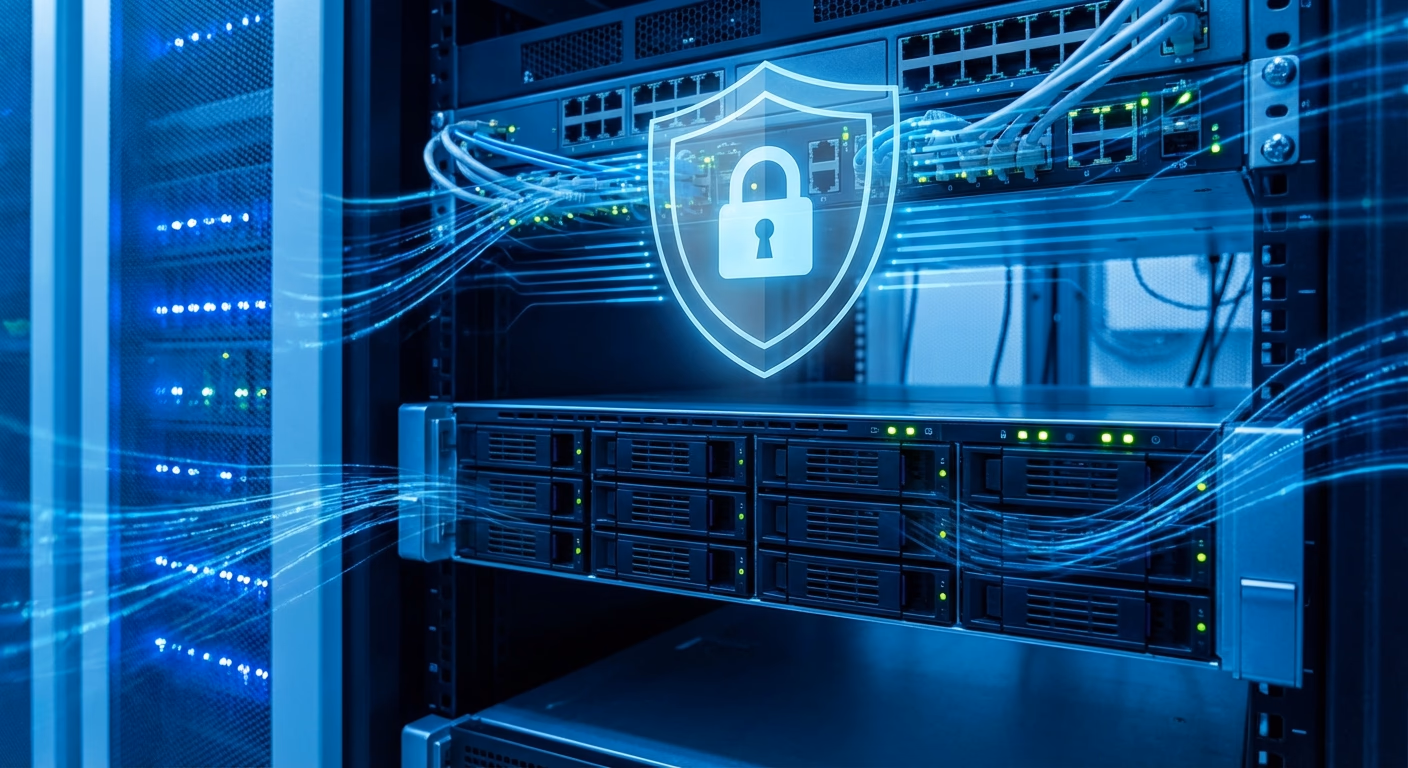 시놀로지 NAS 장비와 보안 쉴드, 설정 인터페이스가 어우러진 이미지